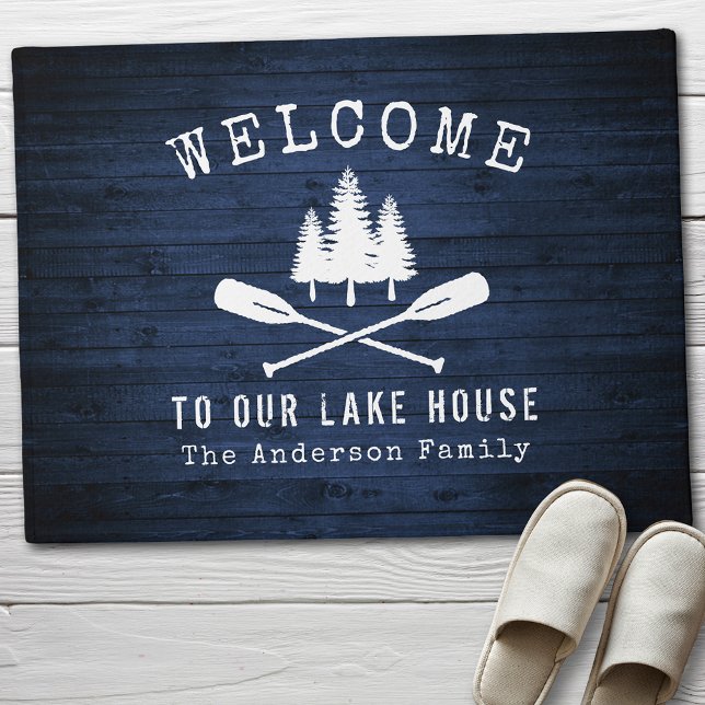 Welcome Lake House Boat Oars Trees Blue Wood Print Doormat (Creator Uploaded)