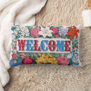 Welcome Lettering Roses Lilies Flower Garden Lumbar Cushion
