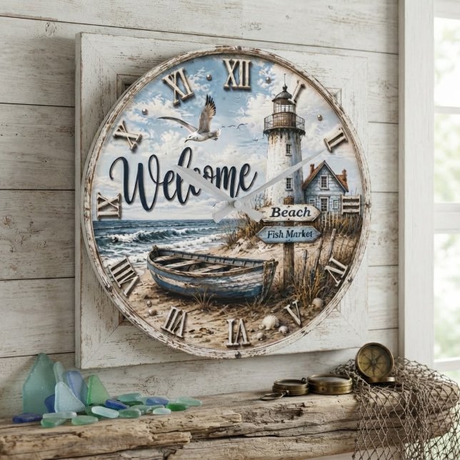 Welcome Lighthouse Coastal Nautical Beach House  Large Clock (Creator Uploaded)