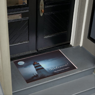 Welcome lighthouse night full moon dark clouds doormat