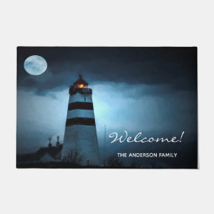 Welcome lighthouse night full moon dark clouds doormat