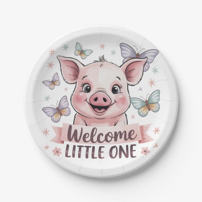 Welcome Little One - Cute Piglet Baby Shower Paper Plate (Front)