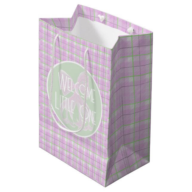 Welcome Little One pink bow and plaid Medium Gift Bag (Front Angled)