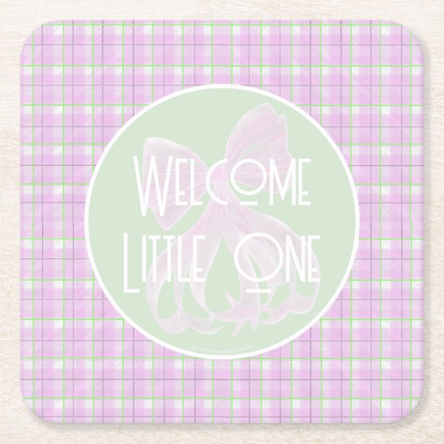 Welcome Little one pink plaid and Bow Square Paper Coaster (Front)