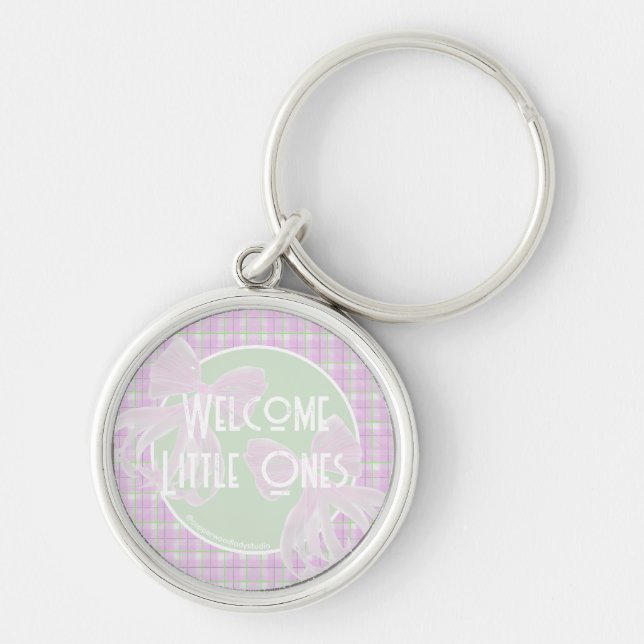 Welcome Little Ones- Twin pink bows Key Ring (Front)