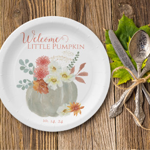 Welcome Little Pumpkin Watercolor Baby Shower Paper Plate