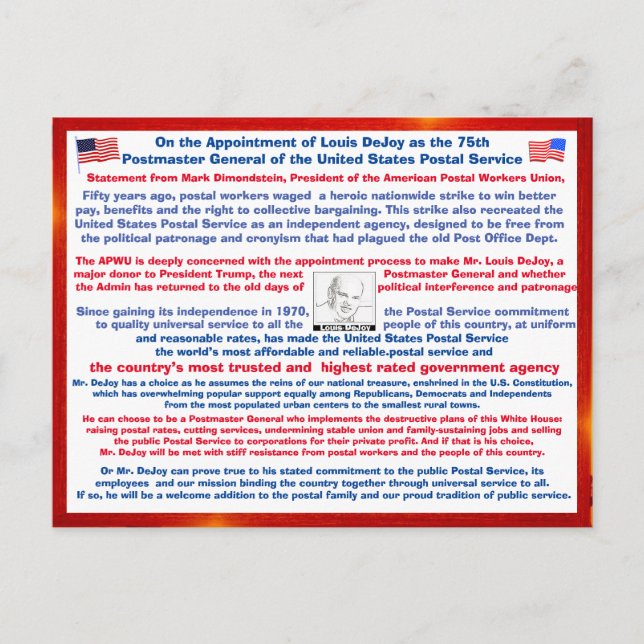 Welcome Louis DeJoy to the USPS#108 Postcard (Front)