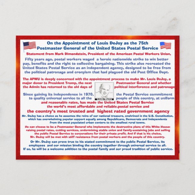 Welcome Louis DeJoy to the USPS Postcard (Front)