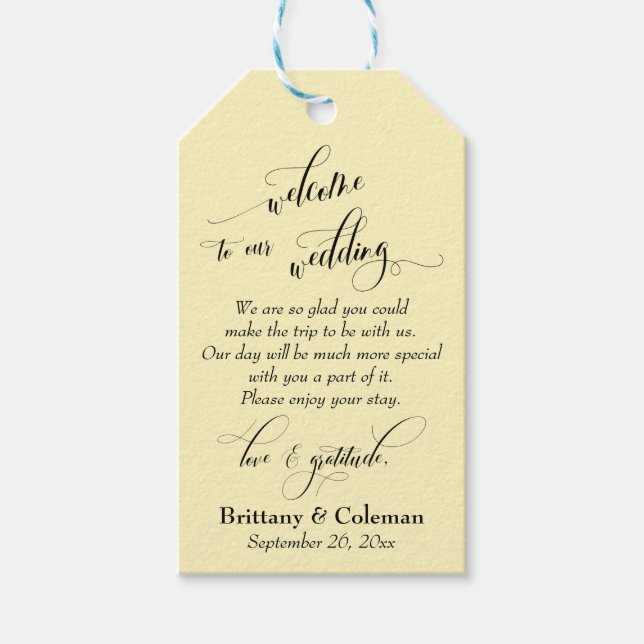 Welcome Love & Gratitude Light Yellow Wedding Gift Tags (Front)