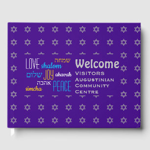 WELCOME Love Joy Peace Hebrew PURPLE Personalised Guest Book