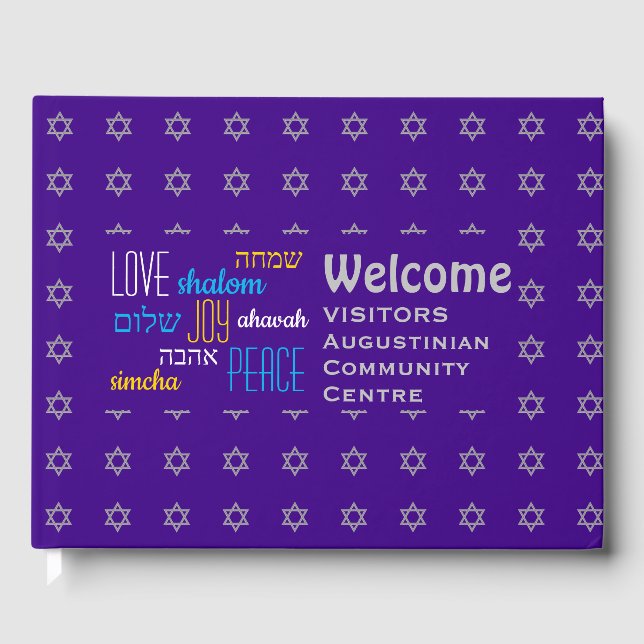 WELCOME Love Joy Peace Hebrew PURPLE Personalised Guest Book (Front)