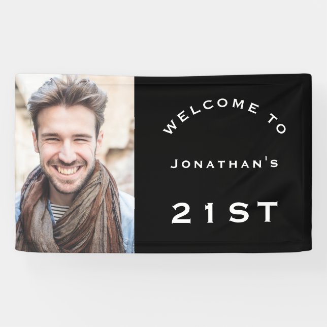 Welcome Male 21st Birthday Party Photo Black Banner (Horizontal)