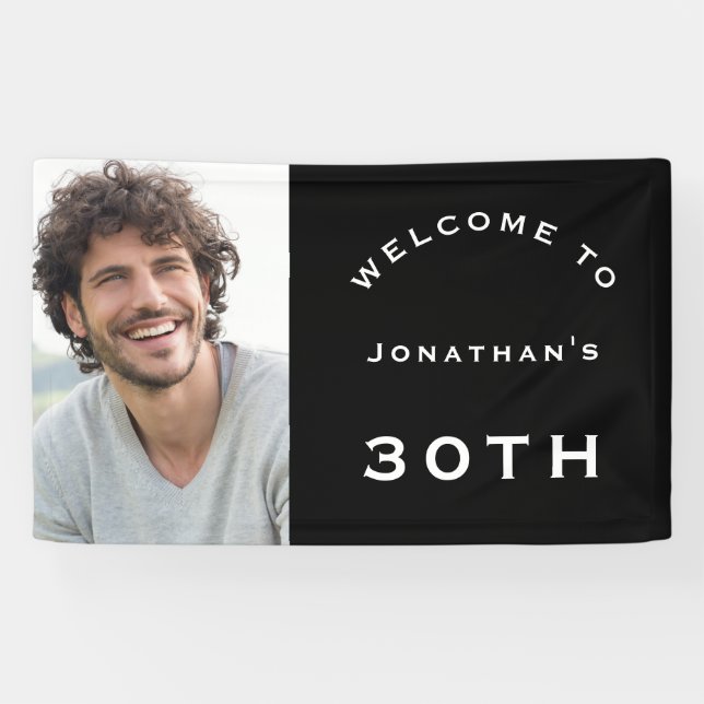 Welcome Male 30th Birthday Party Photo Black Banner (Horizontal)