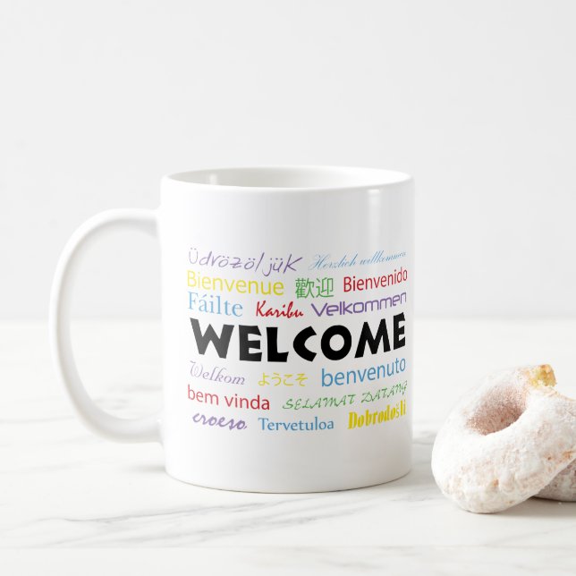 Welcome Many Languages White Colourful Coffee Mug (With Donut)