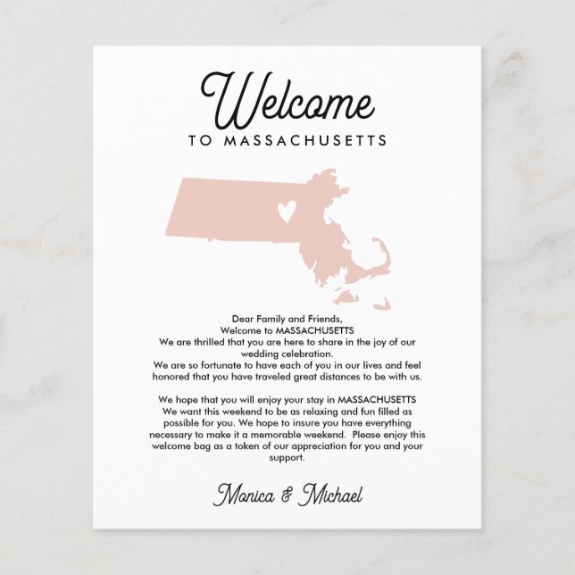Welcome MASSACHUSETTS Letter & Itinerary ANY COLOR (Front)
