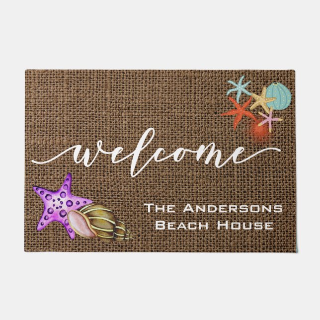 Welcome Mat Beach House Burlap Personalised (Front)