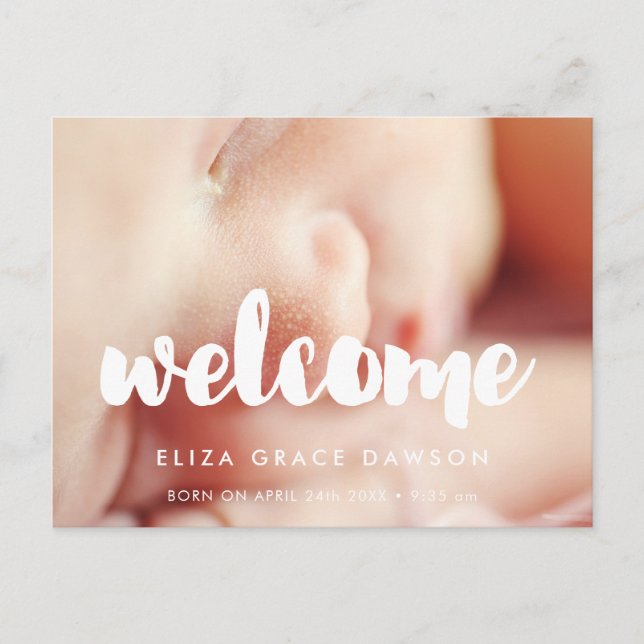 Welcome modern birth announcement postcard (Front)