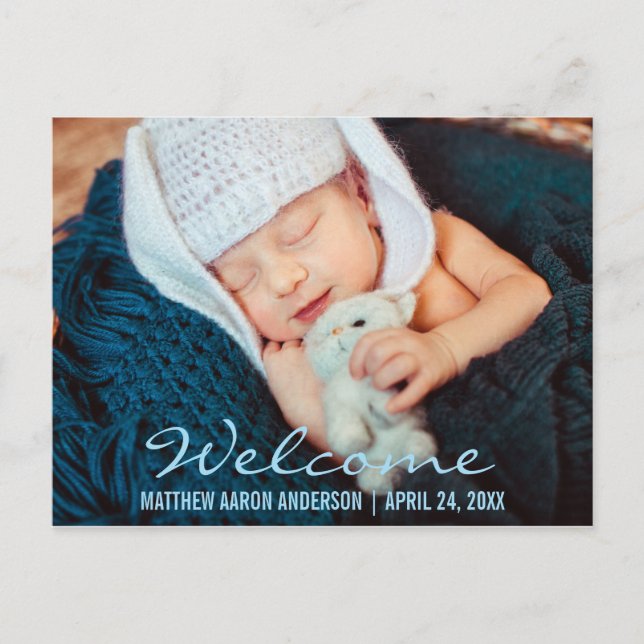 Welcome Modern New Baby Photo Announcement  Blue (Front)