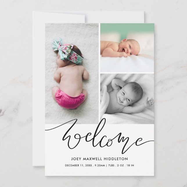 Welcome Modern Script Birth Announcement (Front)