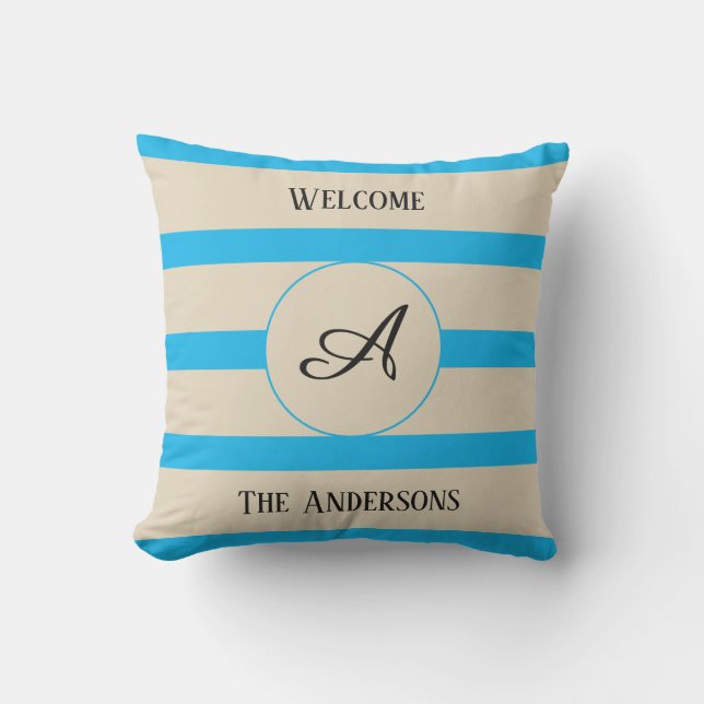 Welcome Monogram Family Name Light Blue Stripes Cushion (Front)