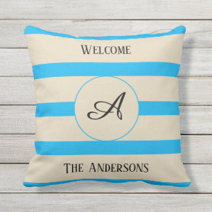 Welcome Monogram Family Name Light Blue Stripes Cushion