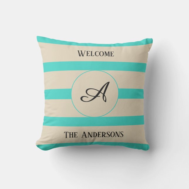 Welcome Monogram Family Name Turquoise Stripes Cushion (Front)