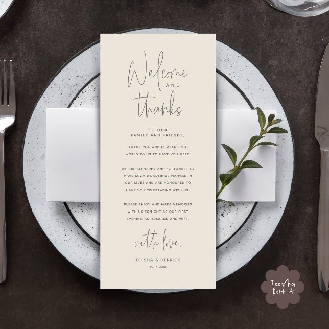 Welcome n Thanks Wedding Reception Thank You Card (Welcome n Thanks Wedding Reception Dinner Brunch Lunch Thank You Card in Cream Grey)