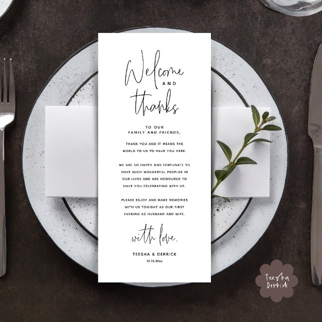 Welcome n Thanks Wedding Reception Thank You Card (Welcome n Thanks Wedding Reception Dinner Brunch Lunch Thank You Card in Black White)