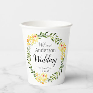 Welcome Names/Date Yellow W/Color Flowers Wedding Paper Cups