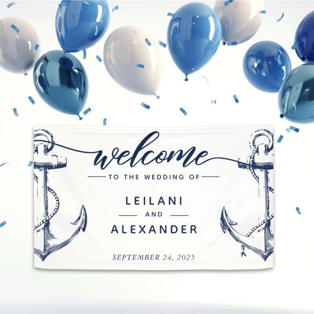 Welcome Nautical Anchor Wedding White Banner (Nautical welcome wedding banner perfect for the ocean lover bride and groom. )