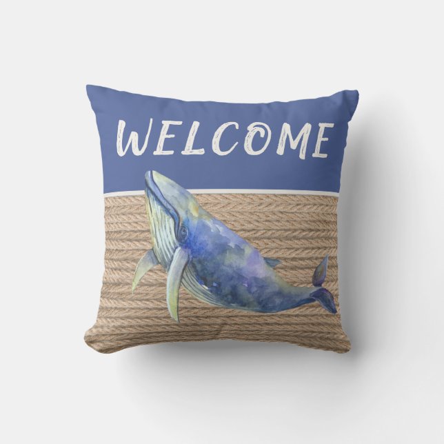 Welcome Nautical Blue Whale Rope Cushion (Front)