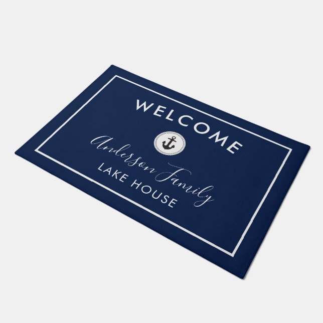 Welcome Nautical Dark Blue Family Lake House Doormat (Angled)