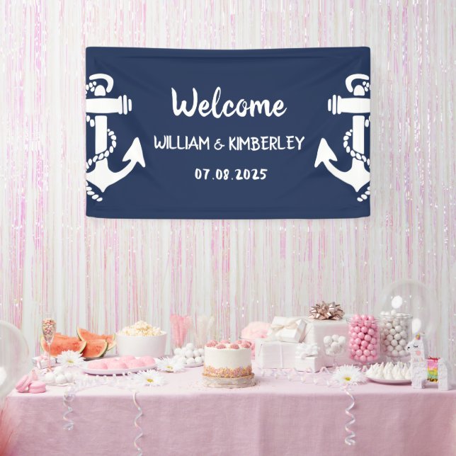 Welcome Nautical Navy Blue Anchor Wedding Banner (Party)