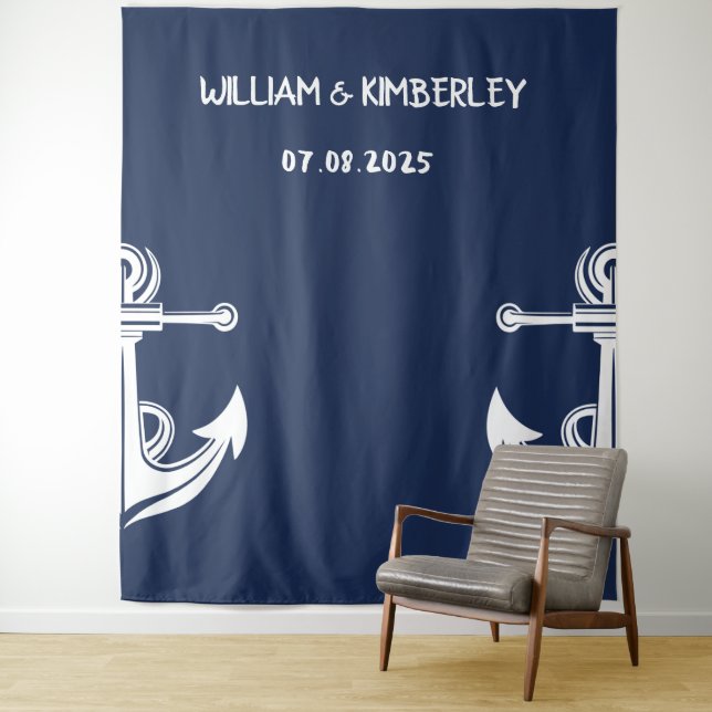 Welcome Nautical Navy Blue Anchor Wedding Tapestry (In Situ)