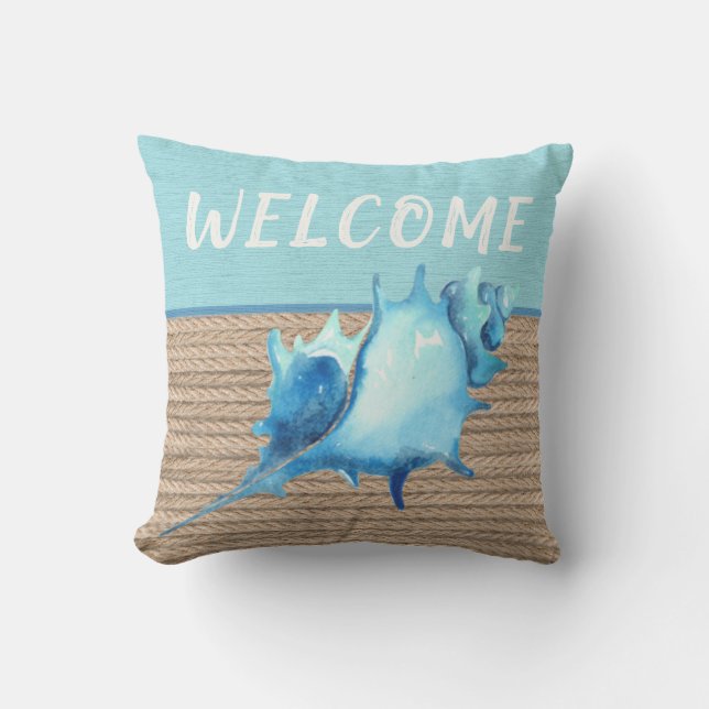 Welcome Nautical Shell Blue Crab Watercolor Rope Cushion (Front)