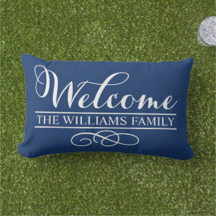 Welcome Navy Blue Custom Last Name Outdoor Cushion