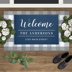 Welcome Navy Blue Family Name and Address Doormat