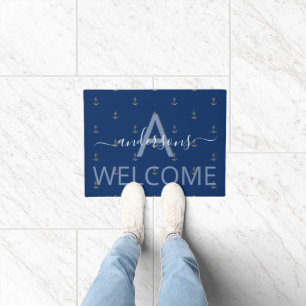 Welcome navy blue gold anchor nautical monogram doormat