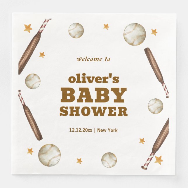 Welcome Neutral Batter Up Baseball Baby Shower  Napkin (Front)
