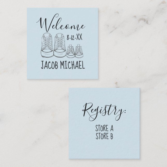 WELCOME New Arrival Baby Shoes Shower Blue Enclosure Card (Front/Back)