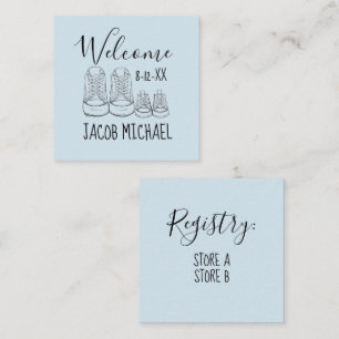 WELCOME New Arrival Baby Shoes Shower Blue Enclosure Card
