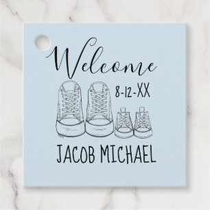 WELCOME New Arrival Baby Shoes Shower Blue Favour Tags