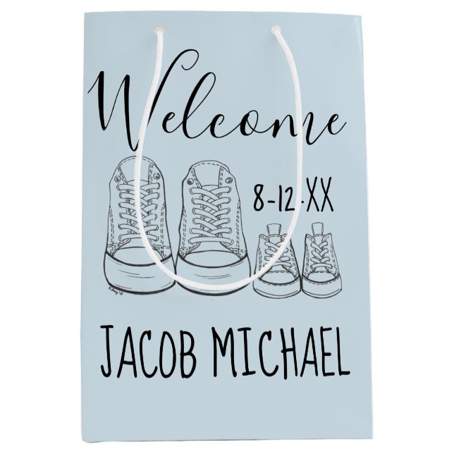 WELCOME New Arrival Baby Shoes Shower Boy Blue Medium Gift Bag (Front)