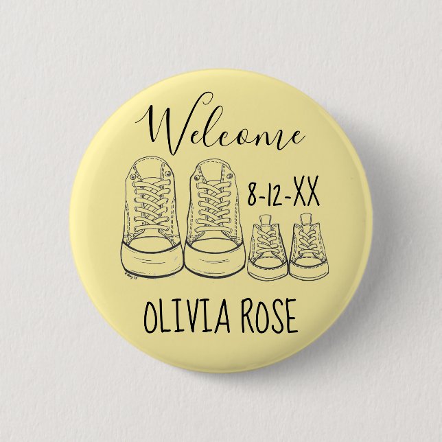 WELCOME New Arrival Baby Shoes Shower Yellow 6 Cm Round Badge (Front)