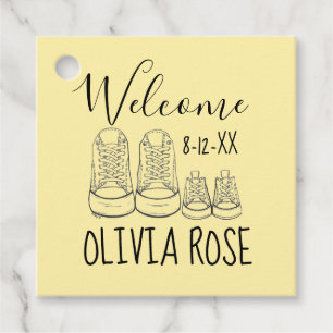 WELCOME New Arrival Baby Shoes Shower Yellow Favour Tags