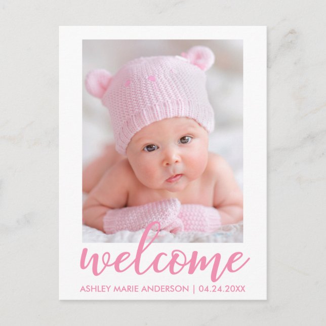 Welcome New Baby Announcement Pink Script Postcard (Front)