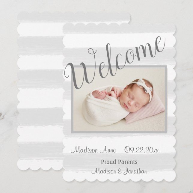 Welcome Newborn Photo Script Grey Boy or Girl Announcement (Front/Back)