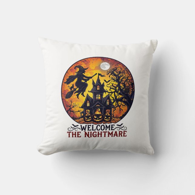 Welcome Nightmare Halloween Haunted House Flying W Cushion (Front)