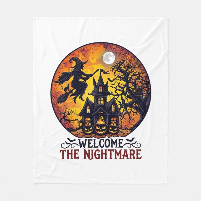 Welcome Nightmare Halloween Haunted House Flying W Fleece Blanket (Front)