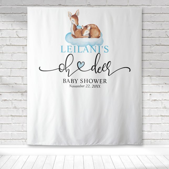 Welcome Oh Deer Baby Shower Blue Cloud Tapestry (Oh deer baby shower with a deer and fawn on a blue cloud with hand lettered typography.)